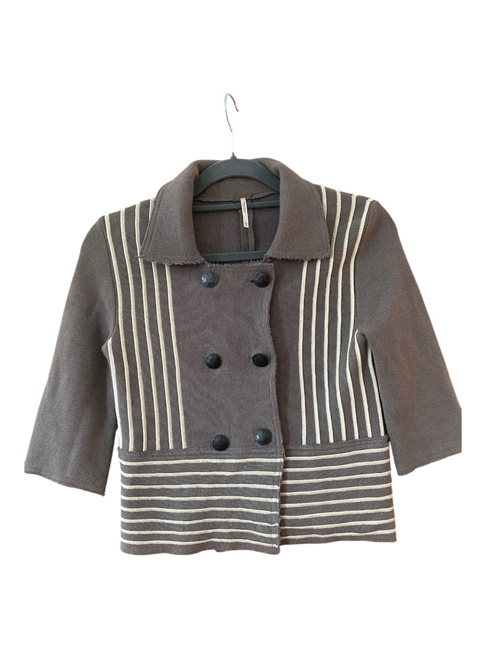 Free People XS Gray Cream Striped Double Breasted Knit Cardigan Jacket